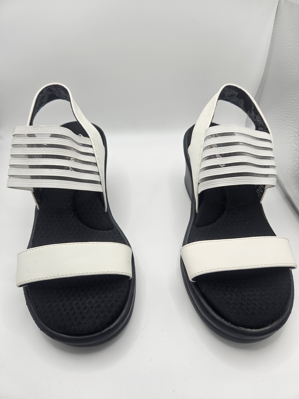 Skechers White and Black Strappy Slingback Wedge Sandals